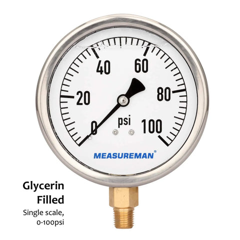 MeasureMan 4-inch glycerin-filled pressure gauge, 0–100 psi, stainless steel case, 1/4" NPT lower mount