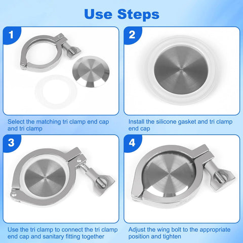2-inch tri-clamp end cap set for sanitary fittings, stainless steel 304 with silicone gasket, includes clamp, 5 pcs