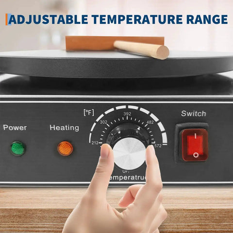 Front view of 16 Inch Double Plate Crepe Maker Griddle with temperature control dial and indicator lights