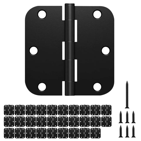 30 Pack Matte Black Door Hinges 3.5 Inch Radius Five Eighth Inch Interior Flat Iron Bifold Residential Standard Heavy Duty Hardware With Six Holes Includes Screws 180 By One Inch And Thirty By One Point Fifty Eight Inch