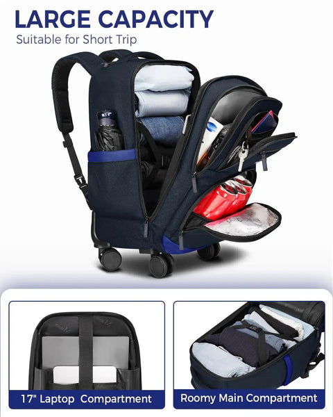 Four Wheel Rolling Backpack With USB Charging Port and Water Resistant 17 Inch Laptop Roller Bag open to show compartments in dark blue