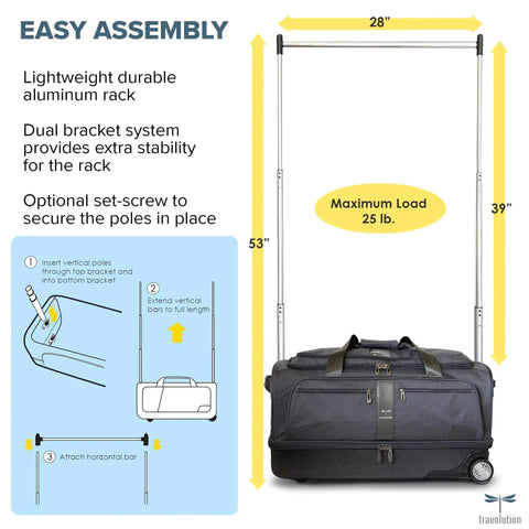 Diagram showcasing the Dance Team Travel Bag With Garment Rack And Rolling Duffel 28 Inch Aluminum Clothes Rack for easy assembly