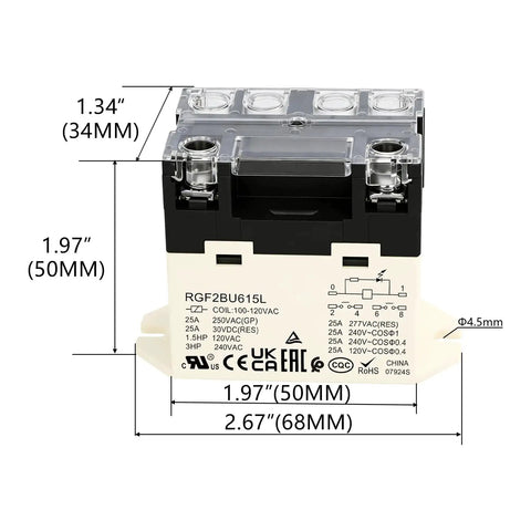 Beefy General Purpose DPST Relay With 6 Pin Normally Open Contacts, 25A Rating At 277VAC 30VDC, 110V AC Coil, dimensions shown