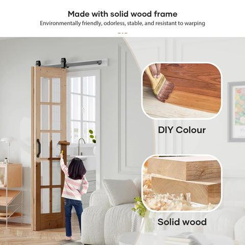 Double 18x84 Inch Bifold French Glass Door Kit With 3.3 Ft Hardware Track in living room, spruce wood framing, solid wood details