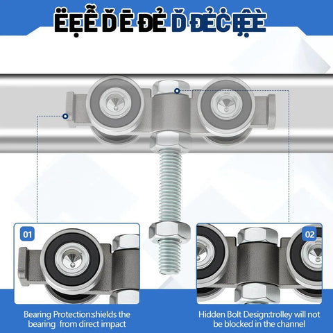 Hidden Bolt Design 4 Wheel Silent Trolley Rollers Compatible With 1-5/8 Inch Wide And Taller Strut Channels Using M10 Bolt