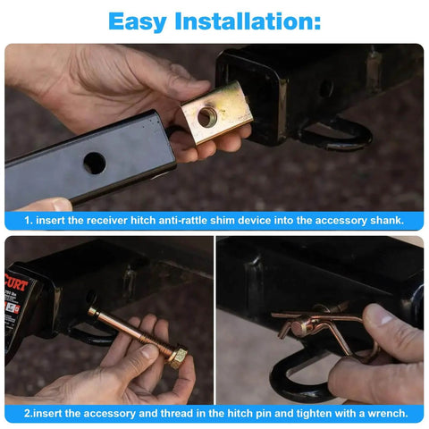 Installation process of No Sway Anti Rattle Hitch Pin Shim For 2 Inch Trailer Receivers Fits Five Eighth Inch Pin Hole.