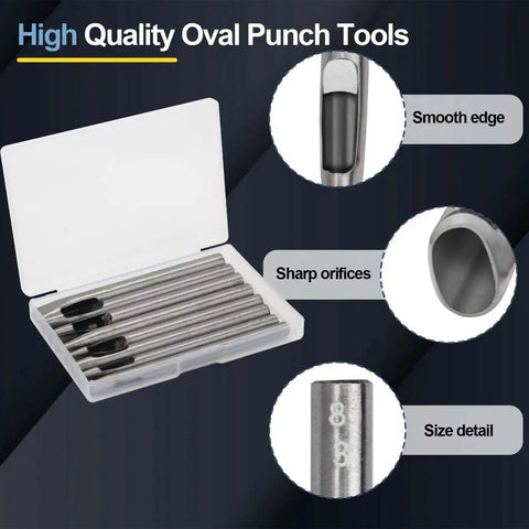 Eight Size Leather Oval Hole Punch Kit 2mm To 5mm Pro Grade Hollow Punch Tool Set with storage box and steel punches detail.