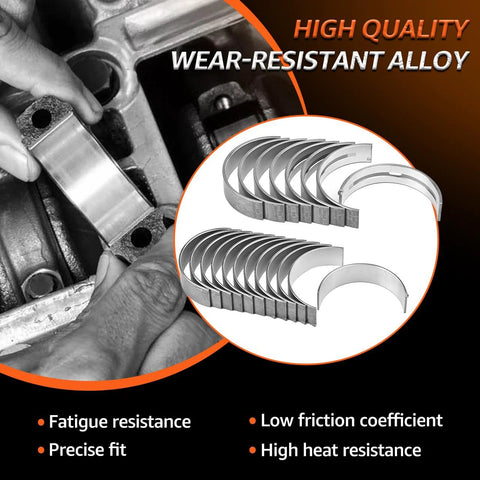 Beefed Up Main And Rod Bearing Set Replacement Kit for Hyundai and Kia 3.3L 3.5L 3.8L V6 DOHC 24V Engines, shown in package and installed.