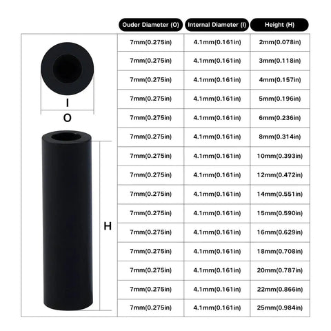 200Pcs ABS Black Round Spacers Set 15 Sizes OD 7mm ID 4.1mm for M4 Screws Non Threaded Column Standoff with size chart