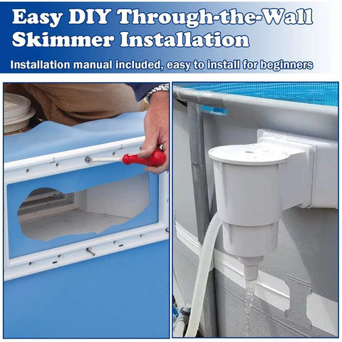 Above Ground Pool Skimmer Kit With Wide Mouth Thru-Wall Opening shown during installation process