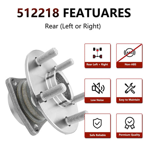 Rear Wheel Hub Assembly Pair For Toyota Corolla 2003 To 2008, Toyota Celica 2000 To 2005, Toyota Matrix 2003 To 2008, And Pontiac Vibe 2003 To 2008 Non ABS Replacement With Durable Bearings And Easy Install features diagram with hub