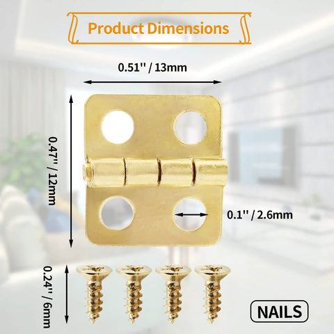 Retro Brass Mini Hinges Set For Jewelry Boxes And Wood Crafts, 30 Pcs, 13x12mm with screws, shown with dimensions and nails included.