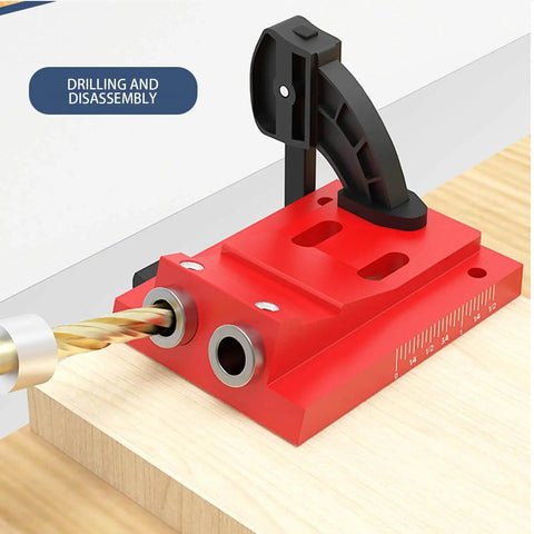Pocket Hole Jig Kit Ultra Light Carpentry Aid For DIY Enthusiasts With Beginner Friendly Setup And Joint Locator For Decks Cabinets Desks Metalworking Home Improvement Projects Delivers Fast Strong Professional Grade Joints, red tool on wood with drill bit