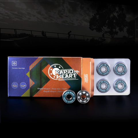 Rapid Heart 8-pack 608 ceramic bearings with blue shields for skateboards and inline skates.