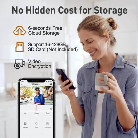 Woman viewing Wireless 2K Doorbell Camera With No Subscriptions on smartphone in living room, holding cup with instant alerts visible