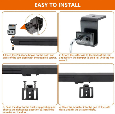 4 Pack Barn Door Soft Close Mechanisms With Spring Buffer Dampers installation guide showing step-by-step setup