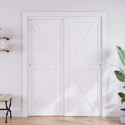 Closet Sliding Barn Doors Set, 72 Inches By 80 Inches, Double K Shape Panels, white finish, viewed installed in modern room.