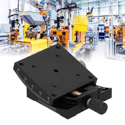 Black 60x60mm manual goniometer linear stage in industrial lab setting, used for precise optical alignment and testing.