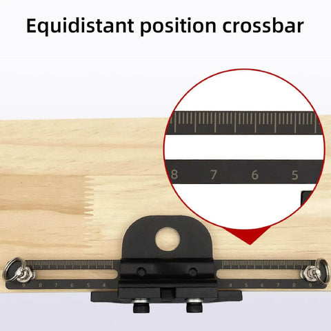 Close-up of 3 In 1 Dowel Jig Kit With Adjustable Width Self Centering System And 8mm 10mm 15mm Drill Bits showing equidistant ruler.