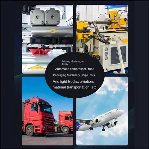 Collage of industrial machinery, red trucks, and airplane illustrating applications of heavy-duty CNC ball screws in various industries.