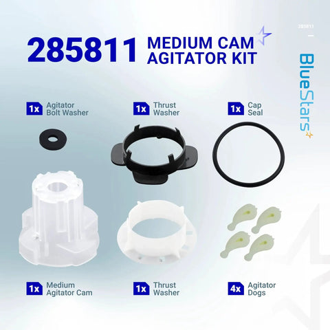 285811 Medium Cam Agitator Kit for Whirlpool; includes cam, bolt washer, 2 thrust washers, cap seal, 4 agitator dogs