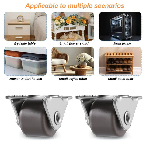 Mini Half Inch Fixed Casters With Metal Top Plate shown with various household uses including bedside table and shoe rack.