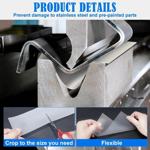 Pro Grade Urethane Die Protection Film For Press Brake Bending in use with stainless steel, showing flexibility and ease of cutting.