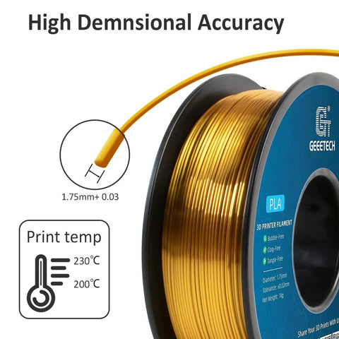 Premium Metallic Gold Silk PLA Filament 1.75mm For 3D Printers 1kg Spool with diameter and temperature details