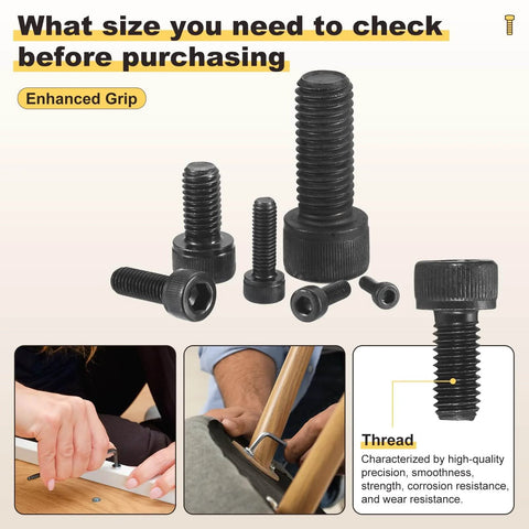 10 Pack M2.5 0.45x8 Socket Head Cap Screws Carbon Steel Allen Drive Black Oxide Machine Grade 12.9 Internal Hex Coarse Thread Fasteners shown with installation examples.