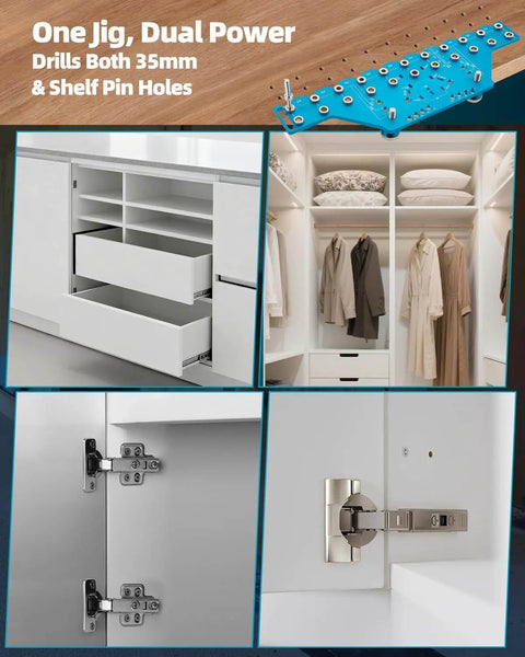 2-In-1 Cabinet Jig With 11-Hole Shelf Pin Guide And Concealed Hinge Drilling Template in use on cabinets and hinges.