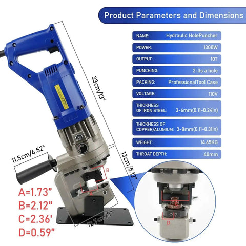 Beast 1300W Electric Hydraulic Hole Puncher With 10 Ton Punch, 110V Metal Punching Machine With parameters and dimensions
