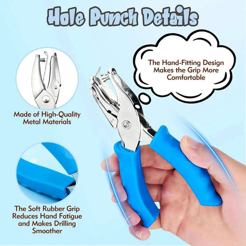 Adjustable Handheld Circle Hole Punch For Crafts And Scrapbooks With Blue Soft Grip One Quarter Inch And One Eighth Inch Heads Easy To Use For Tags Tickets Home Office And Classroom Projects Durable Metal Construction in hand