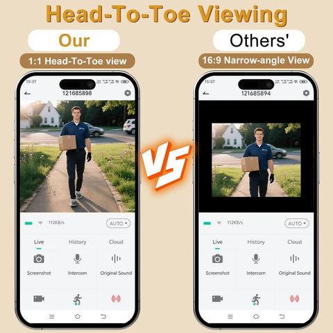 Comparison of video quality on smartphones showing 2K FHD Wireless Doorbell Camera with 180 Degree Head To Toe View No Sub Fees