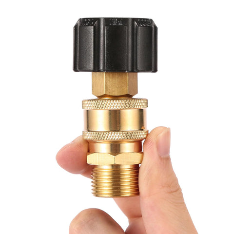 Brass pressure washer quick-connect fitting with knurled collar and black plastic cap, M22 14mm to 3/8 inch