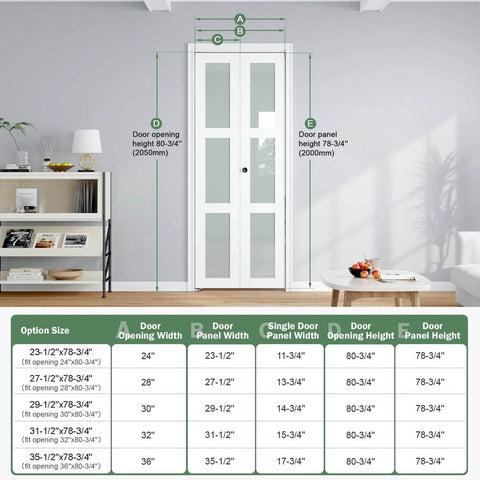 Space Saving Bifold Door For 30 By 80 Opening Preassembled White Frosted Glass Folding Barn Door With Concealed Hardware Kit Two Panel Wood Interior Sliding Closet Bifold Door Easy Assembly, measurements and dimensions shown.