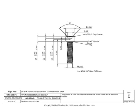 Technical drawing of Pack Of 20 True Titanium Socket Head Machine Screws, 0-80 Size, One Quarter Inch UNF, Grade 2 CP Titanium.