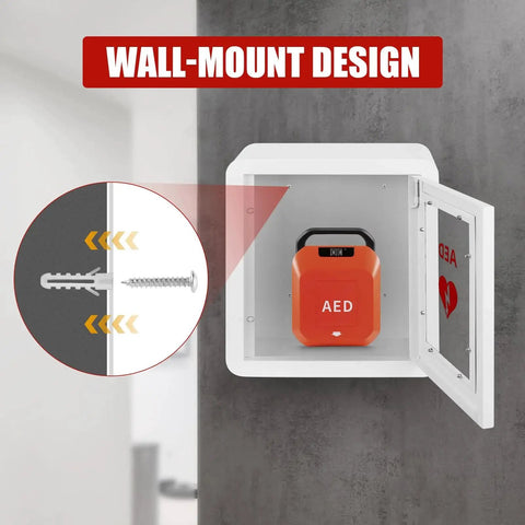 Sturdy Steel AED Defibrillator Cabinet Wall Mount With Magnetic Door Closure And Embedded Handle, open on wall with contents