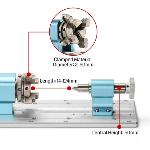 Close-up of a 4th Axis Rotary Module Upgrade for 4040 and 3030 CNC Machines with planetary geared stepper motor, 4 jaw chuck.