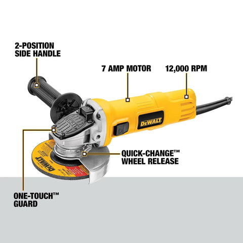 Heavy Duty 4-1/2 Inch Angle Grinder With One-Touch Guard 7 Amp AC DC Motor 12,000 RPM For Fast Material Removal Includes Hex Wrench Built For Pros Heavy Duty Jobs DEWALT side view