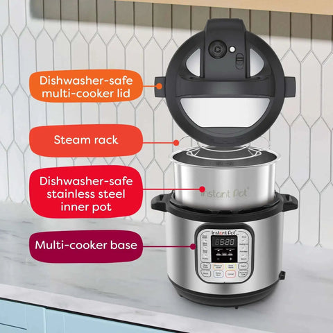 7 In 1 Electric Pressure Cooker With App For Recipe Library, Stainless Steel 6 Quart with lid, steam rack, inner pot, on counter