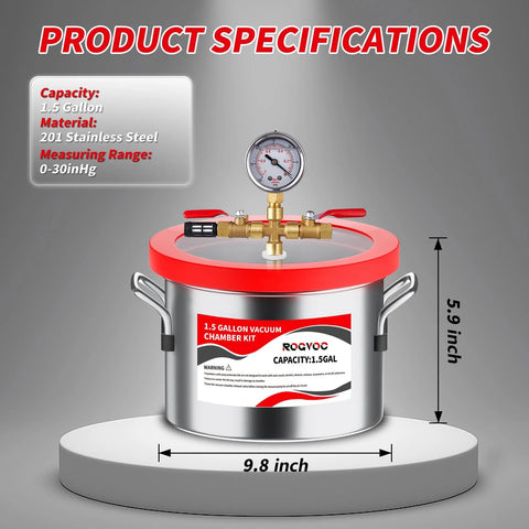 ROGVOC 1.5-Gallon vacuum chamber with red acrylic lid, 201 stainless steel body, brass fittings and gauge