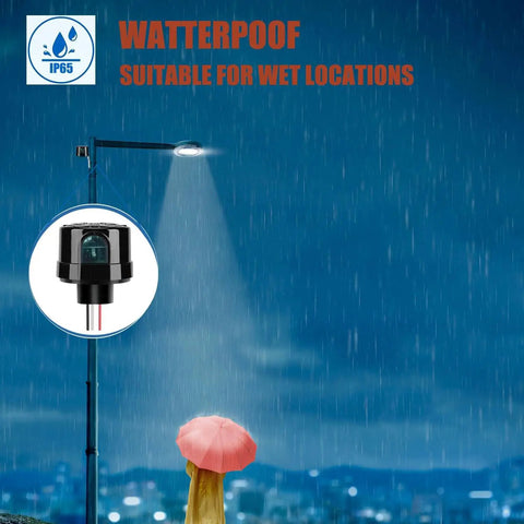 Outdoor Dusk To Dawn Photocell Light Sensor Switch With Auto On Off, IP65 waterproof for wet locations, illustration in rainy setting.