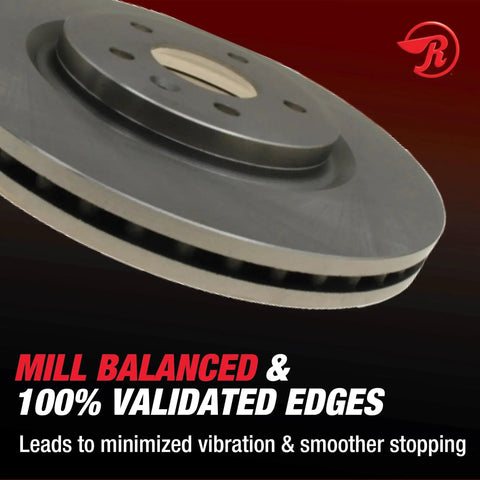 Raybestos R-Line front brake rotor; vented disc with central hub and mounting holes