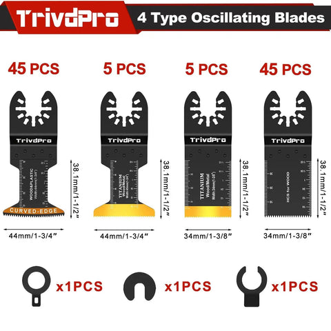 100 Piece Oscillating Tool Blade Set For Metal Wood Plastic Pro Grade Titanium Blades And Curved Edge Blades Includes 10 Titanium Blades In 1 3 8 In And 1 3 4 In 45 Curved Edge Blades And 45 Oscillating Blades Fits DeWalt Milwaukee Ryobi Fein Bosch showing 4 blade types