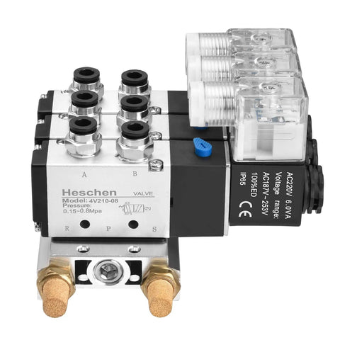 Front view of Beefy 4V210-08 Solenoid Pneumatic Valve with AC220V coil, 5 way 2 position air control, PT1/4 ports