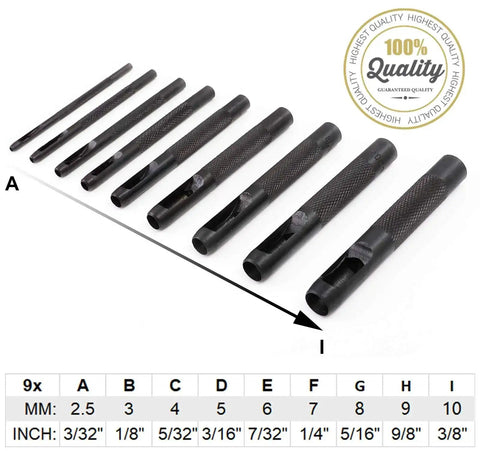 Nine-Piece Hollow Leather Punch Set 2.5mm-10.0mm, Pro Grade Carbon Steel with knurled grip, shown with size chart and quality seal.