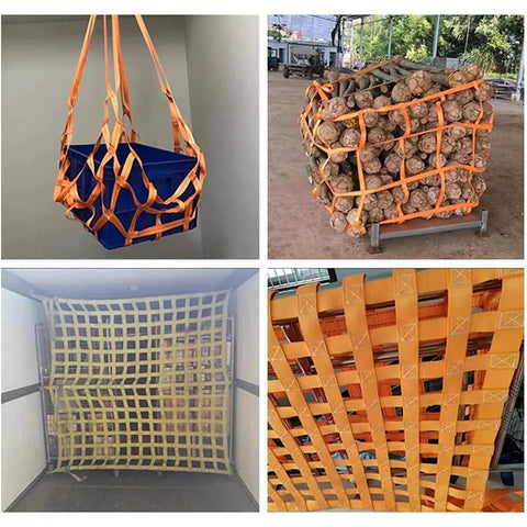 Flat Nylon Sling Hoisting Net For Heavy Load Rigging With 10cm Mesh securing cargo and boxes in various applications.