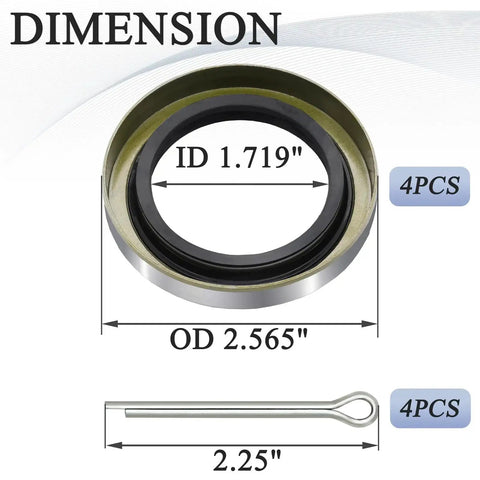 Close-up of Trailer Axle Hub Grease Seals Kit 4 Pack With Cotter Pins For Dexter 01001900 10 19, showing seal dimensions.