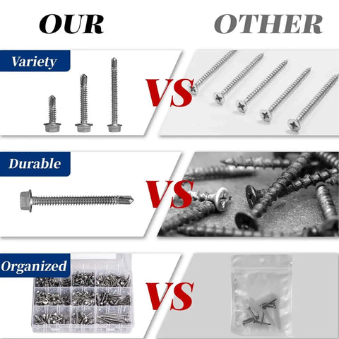 Comparison of 400 Piece Stainless Steel Self Tapping Screws Kit For Metal vs competitors showing variety, durability, and organization features.