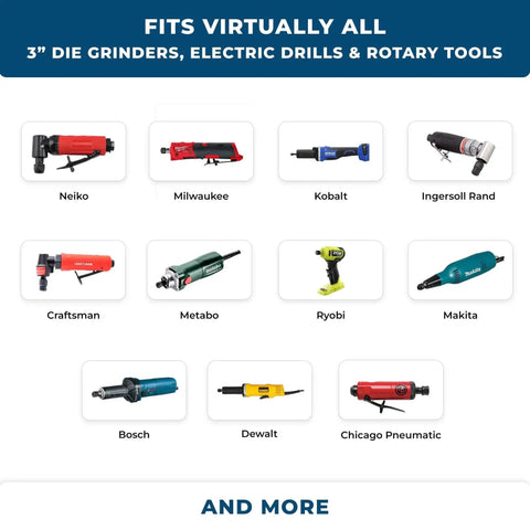Fits virtually all 3-inch die grinders, electric drills, and rotary tools compatible with various brands shown.